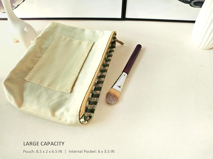 HAPPYHEIDI Cute Corduroy Makeup Bag with Pocket, Large Cosmetic Travel Pouch, Vintage Yellow, Lightweight, Zipper Closure, Canvas Lined