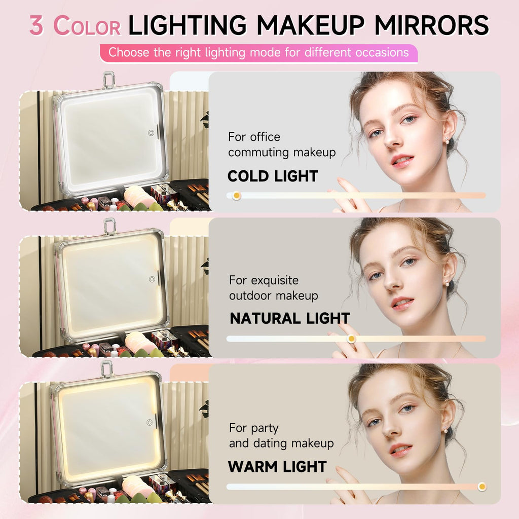 Leeora&Leekoo Makeup Box with Lighted Mirror,Portable Makeup Train Case Organizer (Pink1)
