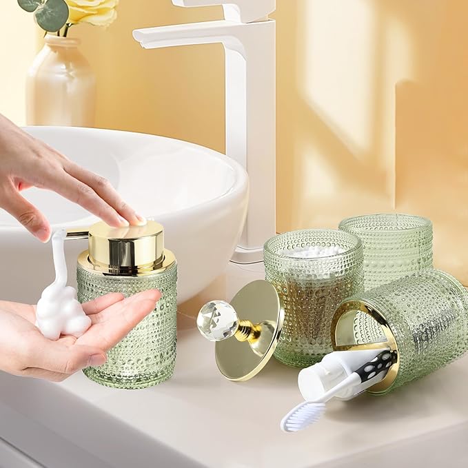 DASITON Bathroom Accessories Set,4Pcs Glass Bathroom Counter Set with Foaming Soap Dispenser,Toothbrush Holder,Bathroom Tumbler,Cotton Swab Jars, for Vanity Bathroom Decor(Green A)