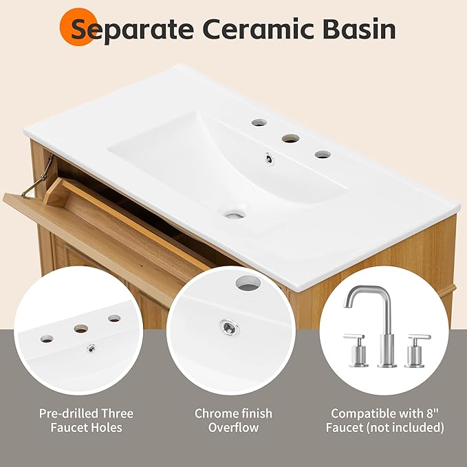 Harper & Bright Designs 36" Bathroom Vanity with Sink, Free Standing Single Basin Vanity Set with Tip-Out Drawer, 2 Drawers, and 2 Doors, Wood Bathroom Cabinet with Ceramic Basin for Bathroom, Wood
