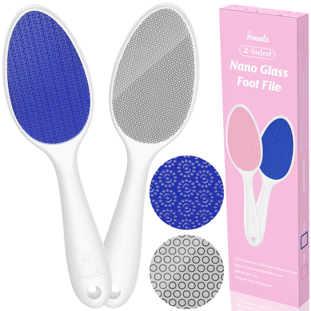 yomanta Foot File, Nano Glass Foot File Callus Remover with Handle, 2-in-1 Foot Scrubber Dead Skin Remover, Gentle Exfoliation Foot Buffer Pedicure Tools for Feet-Blue