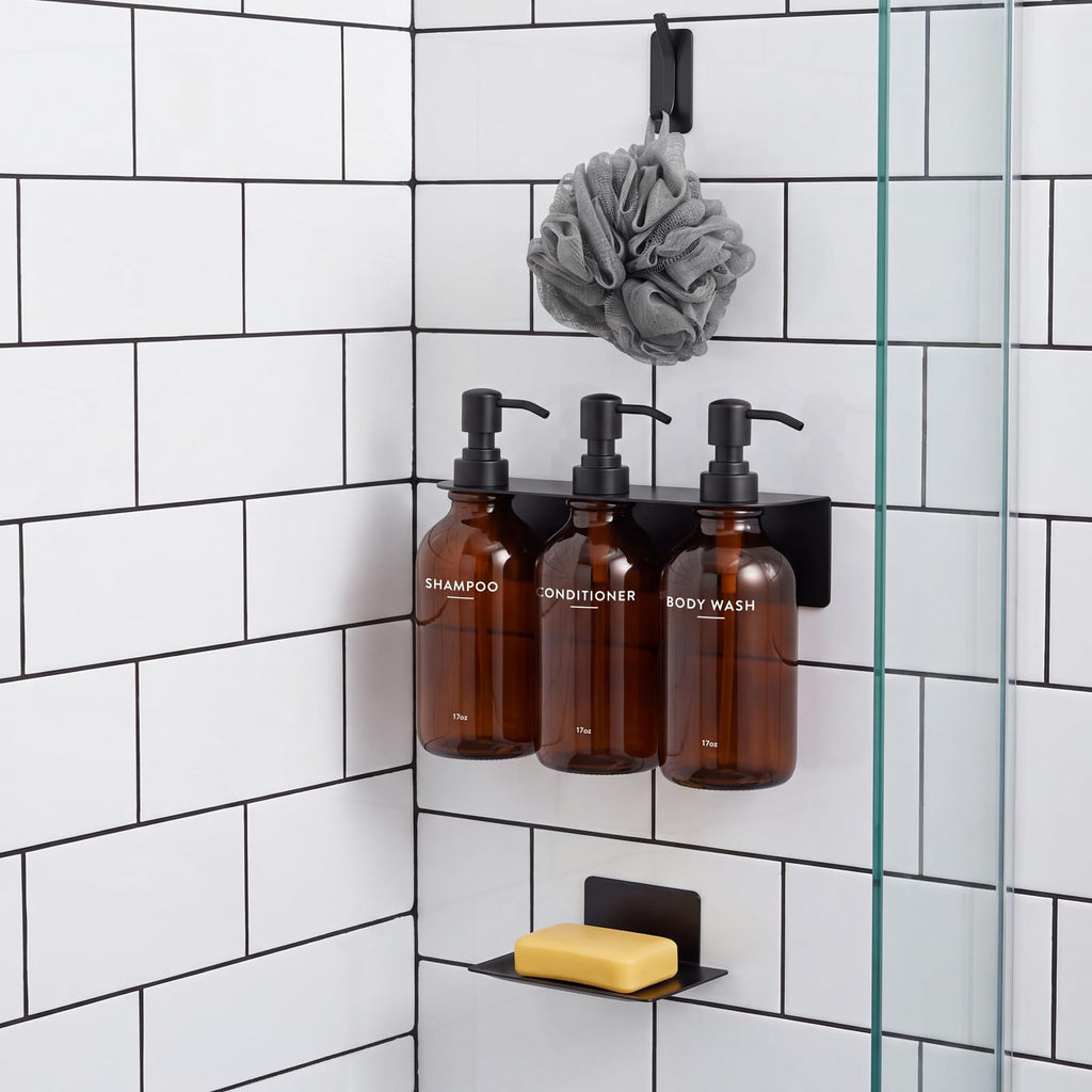 Shampoo Conditioner Body Wash Dispenser Bonus Soap Dish and Hook, Amber