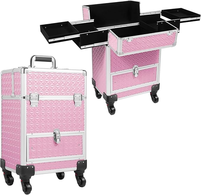 Pink Rolling Makeup Case with 4 Trays and Large Drawer Nail Travel Case on Wheels for Professional Stylists Portable Beauty Organizer