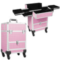 Fronimo Pink Rolling Makeup Case with 4 Trays and Large Drawer Nail Travel Case on Wheels for Professional Stylists Portable Beauty Organizer