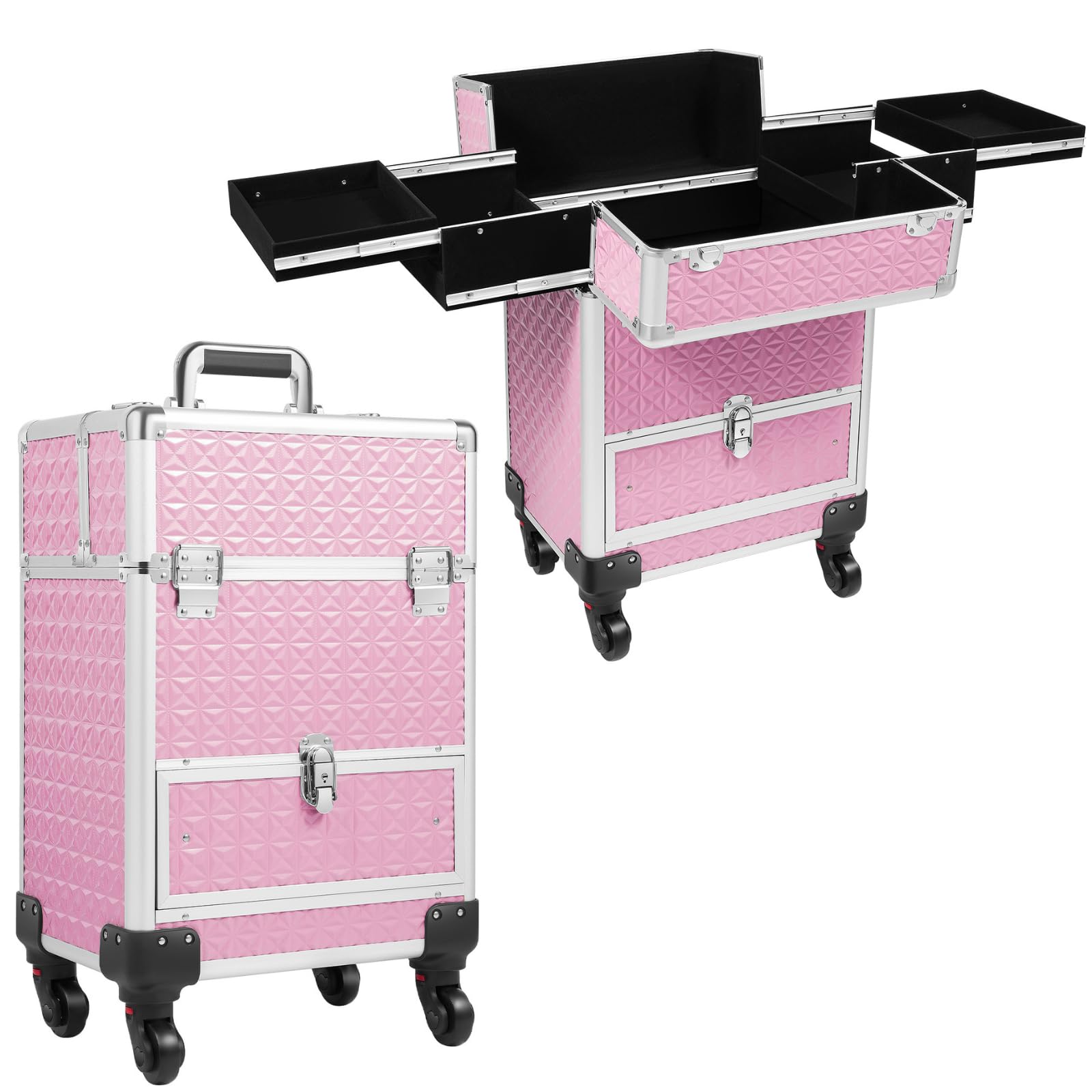 Fronimo Pink Rolling Makeup Case with 4 Trays and Large Drawer Nail Travel Case on Wheels for Professional Stylists Portable Beauty Organizer