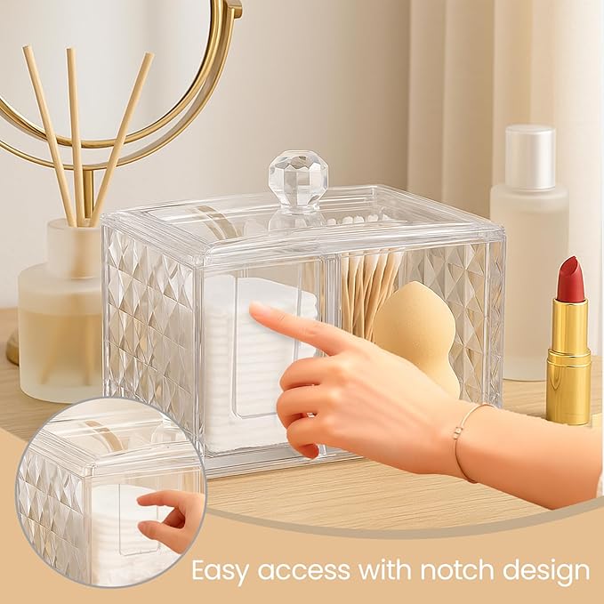 OYATON Cotton Swab Holder - Compact Bathroom Canister with Lid and 3 Compartments for Organizing Cotton Ball, Swab, Pad - Acrylic Bathroom Storage Jar Compatible with Q Tips