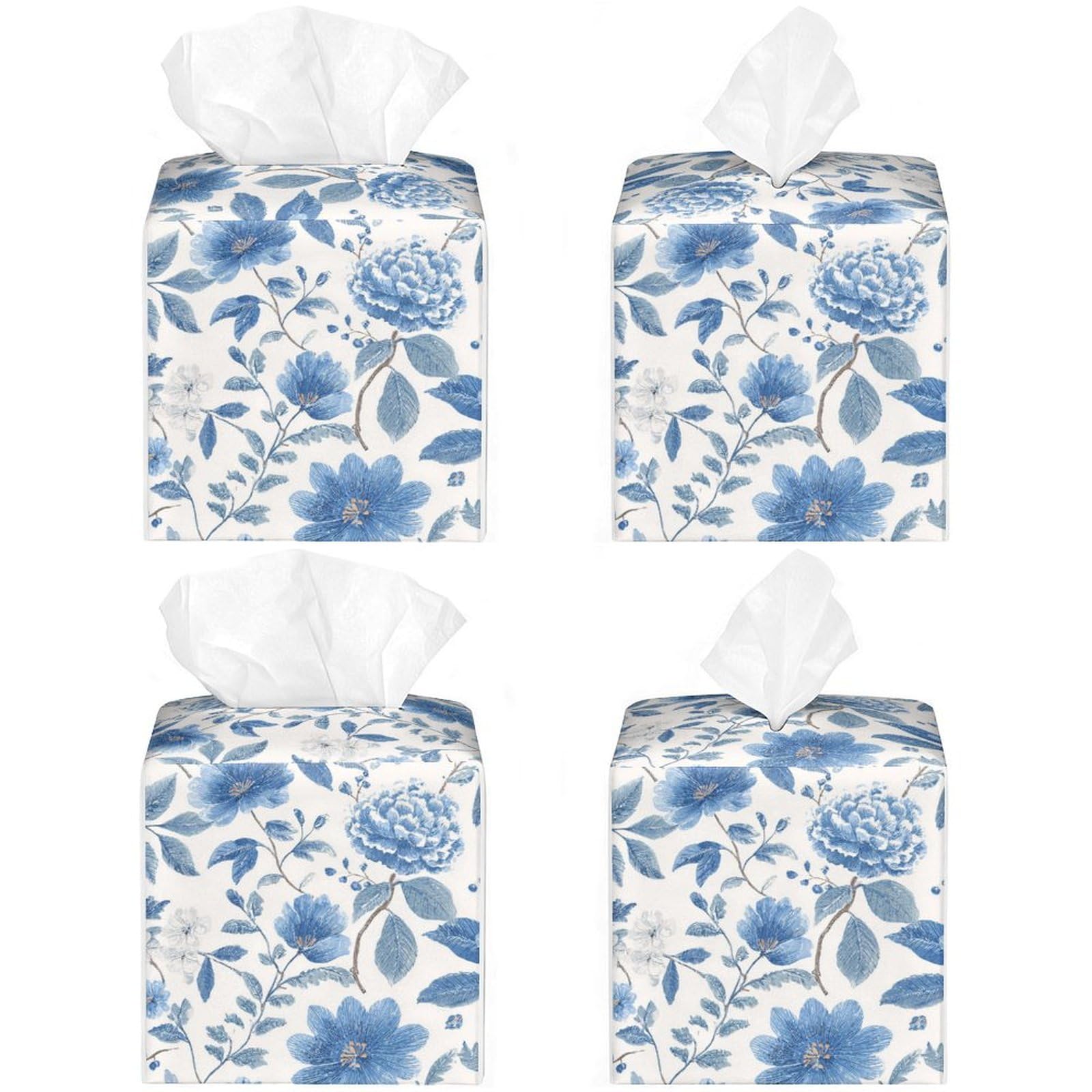 Floral Tissue Box Cover Blue Leather Tissue Box Holder Square Facial Paper Organizer Dispenser for Bathroom Kitchen Bedroom Vanity Countertop Night Stands