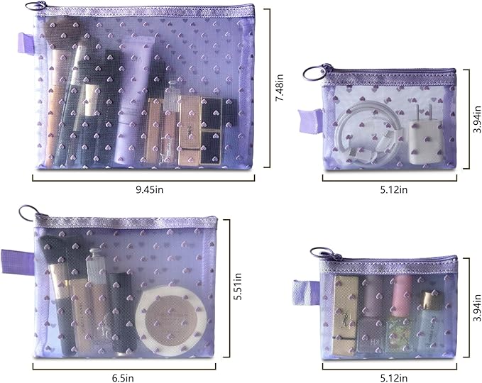 TRAKWAN 4-Piece Heart Printed Mesh Makeup Bag Set, Portable Travel Cosmetic Bags Toiletry Bags Makeup Purse Bags Zipper Storage Pouches for Home Offices Travel Accessories (Light Purple)