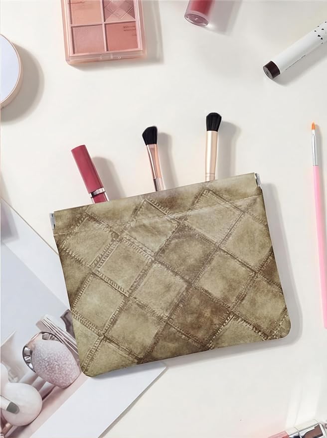 Ksriylm Denim Brown PU Leather Makeup Pouch Set for Women Small Checkered Make Up Bag for Purse Waterproof Initial Makeup Cosmetic Bags Pouches for Purse Aesthetic Travel Toiletry Bag,