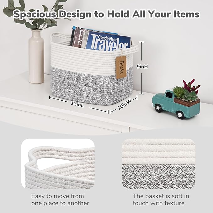 Goodpick Woven Storage Basket, Small Laundry Basket for Clothes, Towels and Shoes, Rope Square Gift Organizer with Handles, Gray and White, 13 x 10 x 9 Inches