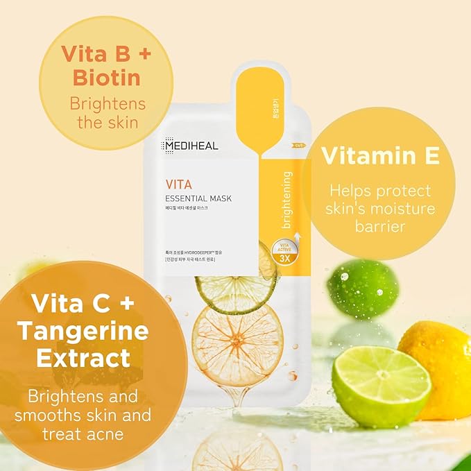 Mediheal Best Korean Sheet Mask - Vita Essential Face Mask 10 Sheets Vitamin Mask For All skin types Smoothing Tightening Toning up Brightening (Pack of 2)