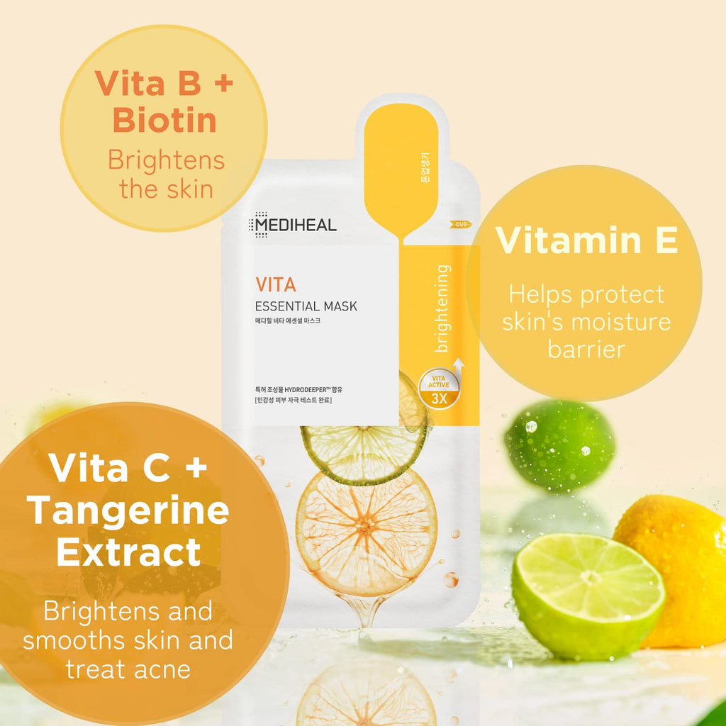 Mediheal Best Korean Sheet Mask - Vita Essential Face Mask 4 Sheets Vitamin Mask For All skin types Smoothing Tightening Toning up Brightening