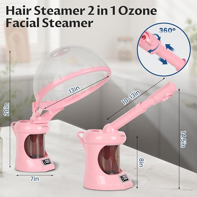 2-in-1 Hair and Facial Steamer with Extendable Arm,Face Steamer for Deep Cleaning,Hair Steamer Humidifier for Deep Conditioning,Tabletop Steamer for Personal Care Use at Home