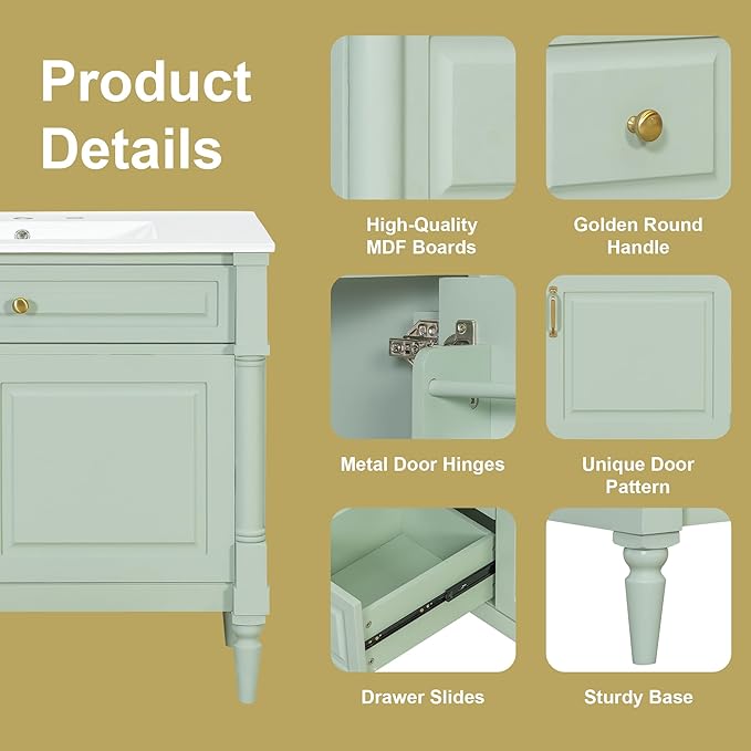 Harper & Bright Designs 36" Bathroom Vanity with Sink, Free Standing Bathroom Vanity Set with Flip Drawer, 2 Drawers, and Adjustable Shelf, Wood Storage Cabinet with Ceramic Basin for Bathroom, Green