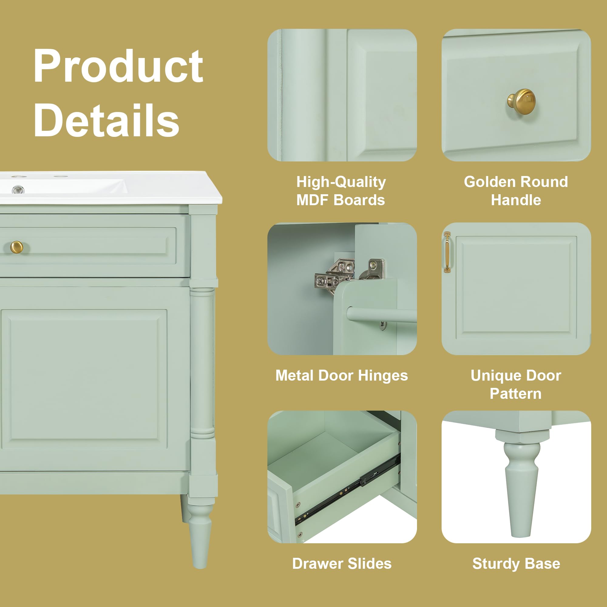 Harper & Bright Designs 36" Bathroom Vanity with Sink, Free Standing Bathroom Vanity Set with Flip Drawer, 2 Drawers, and Adjustable Shelf, Wood Storage Cabinet with Ceramic Basin for Bathroom, Green