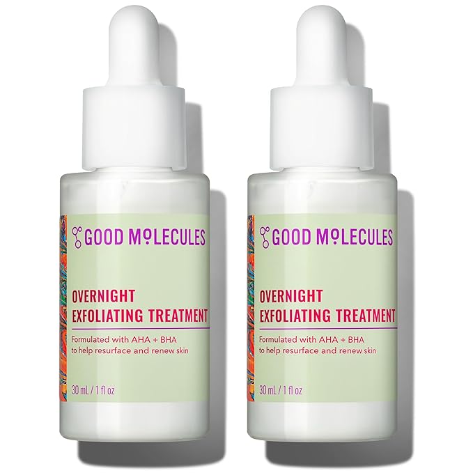 Good Molecules Overnight Exfoliating Treatment Pack 2 – 1 fl oz / 30 ml Each | Lightweight Face Exfoliator with AHA & BHA, Glycolic & Salicylic Acid