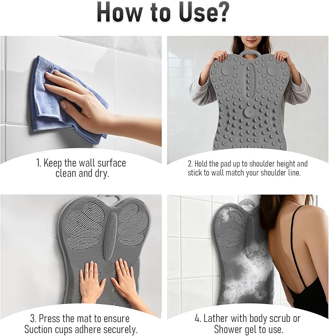 Vynusio Back Scrubber Body Bath Cushion Tub Bathtub Back Lumbar Support Ergonomic Silicone XL Thick Soft Seat Pad Non-Slip Suction Cups Relaxing Spa Mat Exfloating Scrubbing Shower 28 x 19 Grey
