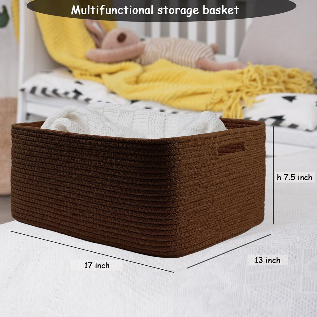 COMFY-HOMI Cotton Rope Woven Basket with Handles for Shelves,Toys,Book, Cloth Storage Baskets Bin for Organizing- 1 PCSToy Decorative Organizer for Living Room, Bathroom 17" x 13" x 7.5"