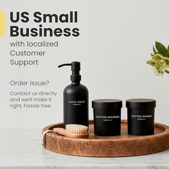 MaisoNovo Qtip Holder Bathroom Set – Airtight Glass Qtip Holder with Lid to Store Q Tips, Cotton Rounds, Cotton Balls, Floss Picks, Hair Ties with free labels pack - 2 Black Jars with Glass Lids