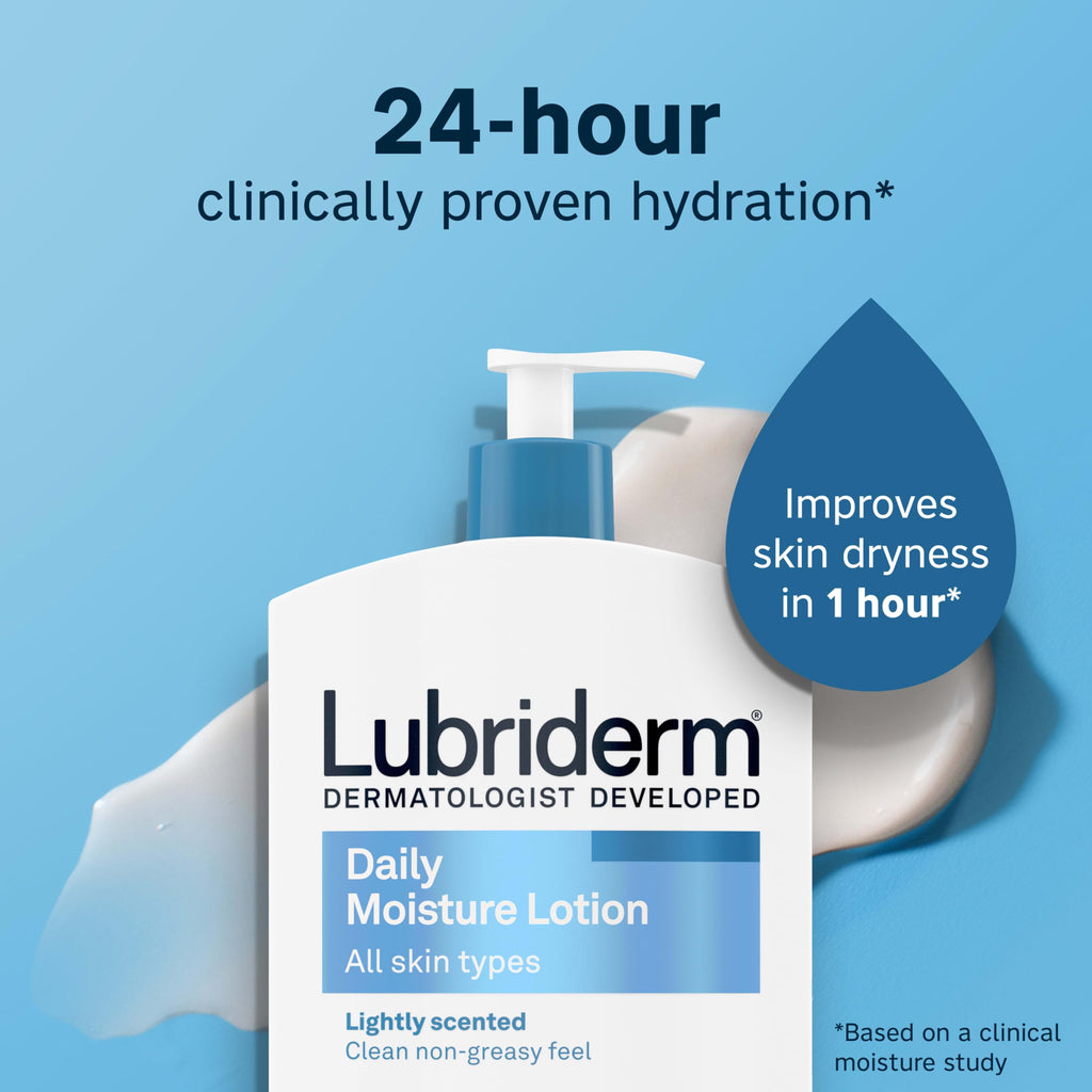 Lubriderm Daily Moisture Body Lotion + Pro-Ceramide, Body Lotion for Dry Skin, Shea Butter, Glycerin, Lightly Scented Hand Lotion, Non-Greasy 24-Hour Moisturizer, Paraben & Dye Free, 24 Fl Oz