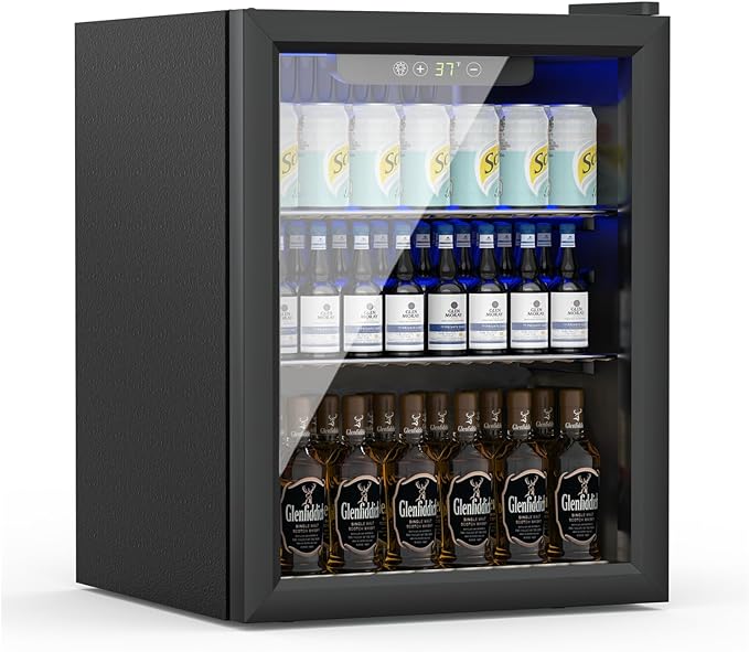Erivess Compact Beverage Refrigerator,70 Can/1.6 Cubic Feet Fridge with Glass Front Door for Soda, Beer or Wine, Under Counter Small Refrigerator with Adjustable Shelve & Digital Display
