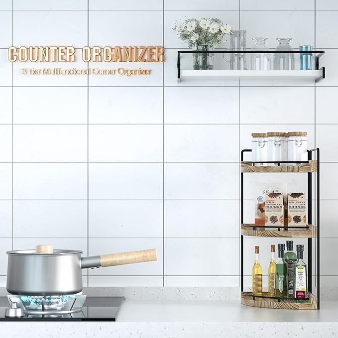 CeleVista Corner Bathroom Counter Organizer, 3 Tier Bathroom Storage Countertop for Skincare, Sink Shelf for Kitchen Decor, Vanity, Dresser, Makeup, Gift(Rustic Brown)