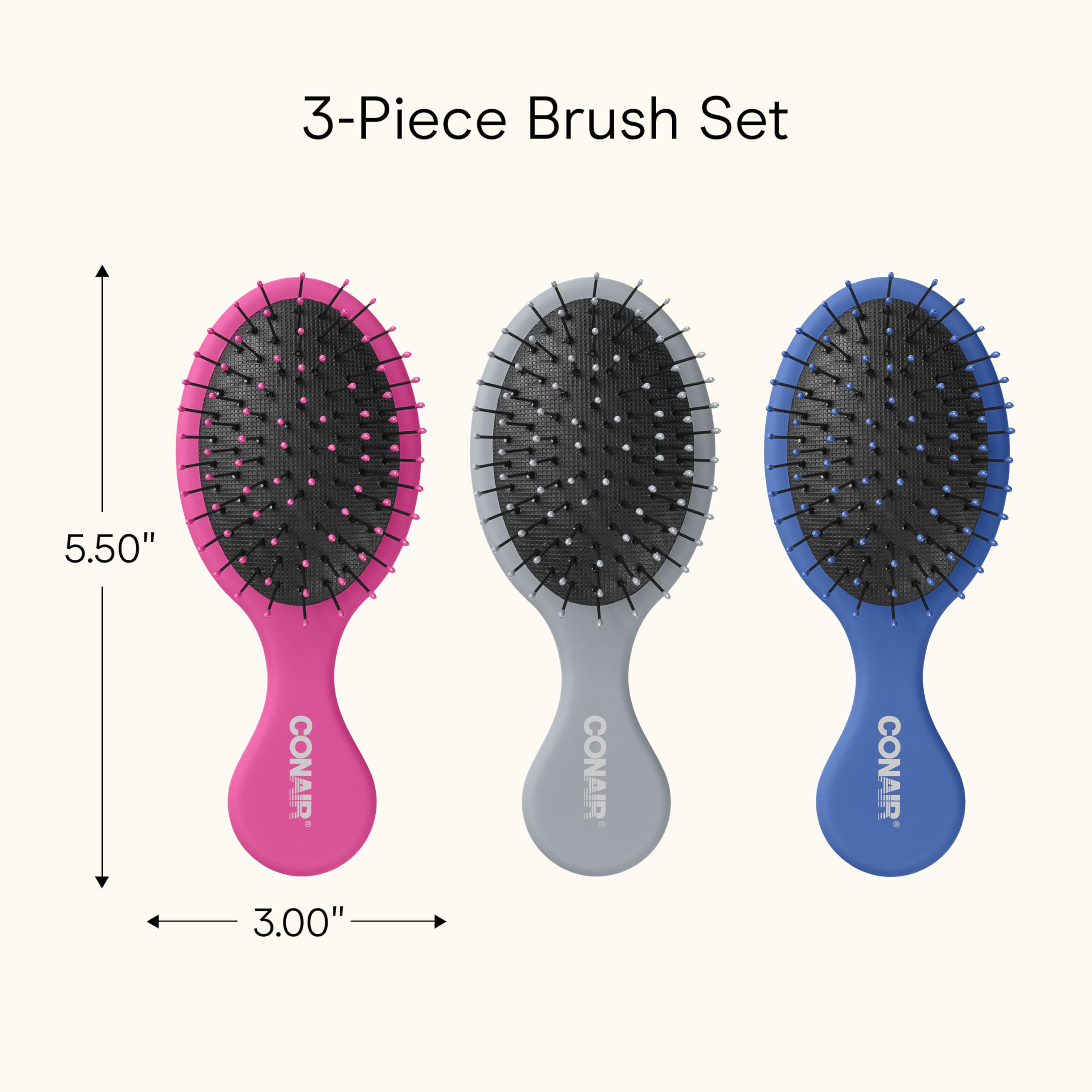 Conair Detangling Mini Hair Brush Set, 3-Pack Detangler Brushes for Wet or Dry Hair, Gentle Detangler for All Hair Types, Bristle Hair Brushes for Women, Travel Size, Pink, Gray, and Blue