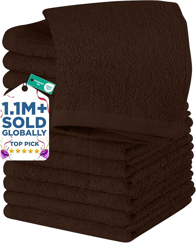 DAN RIVER 12 Pack Wash Cloths for Showering [12x12] - 100% Cotton Washcloths Premium Quality Flannel Face Cloths for Bathroom, Highly Absorbent and Soft Feel Wash Clothes, Brown