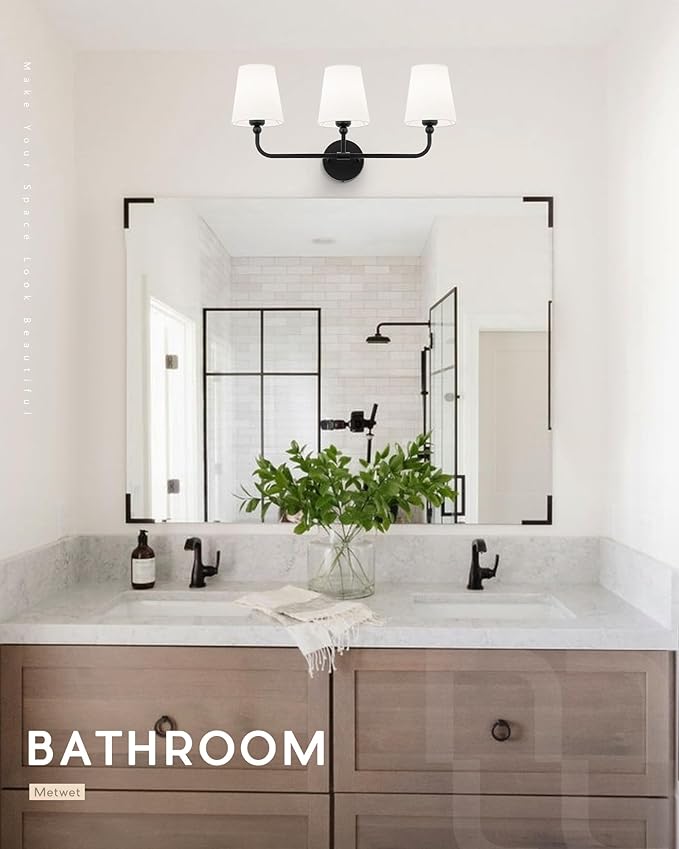 Bathroom Light Fixtures, Matte Black Vanity Lights with Flared White Fabric Shade, 3 Light Wall Sconce, Modern Sconces Wall Lighting for Hallway Bedroom, VL837-MB-3