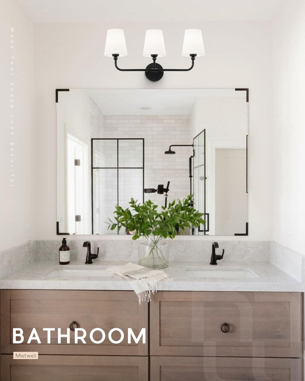METWET Bathroom Light Fixtures, Matte Black Vanity Lights with Flared White Fabric Shade, 3 Light Wall Sconce, Modern Sconces Wall Lighting for Hallway Bedroom, VL837-MB-3