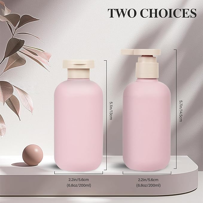 ShanySheny 6.8oz Refillable Shampoo and Conditioner Bottles, 2PCS Squeezable Travel Shampoo Bottles with Flip Cap and 2PCS Pump Dispenser and Labels