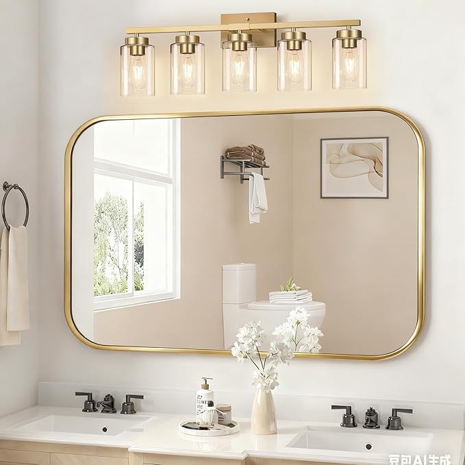 IZORRO Modern Bathroom Light Fixtures, 5 Light Brushed Gold Vanity Lights, Bathroom Lighting Fixtures Over Mirror with Clear Glass for Living Room Cabinet Bedroom