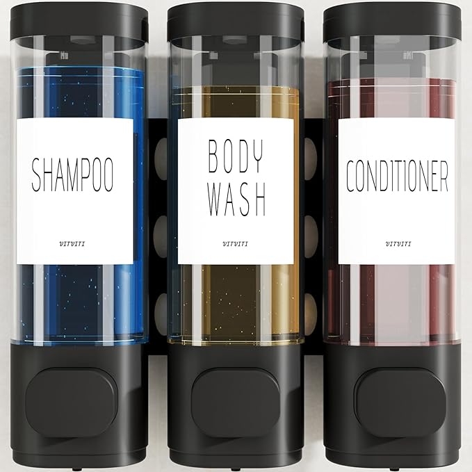 VITVITI Shampoo and Conditioner Dispenser for Shower Wall, Shower Soap Dispenser 3 Chamber No Drill Wall Mounted, 10.2 OZ Plastic Refillable Shower/Body Wash Bottles for Bathroom (Black)