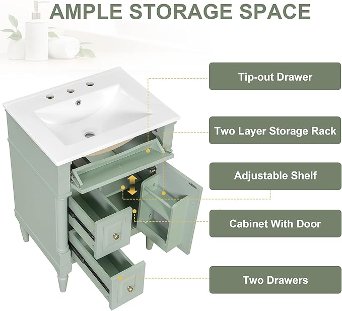 Harper & Bright Designs 24" Bathroom Vanity with Sink, Free Standing Bathroom Vanity Set with Flip Drawer, 2 Drawers, and Adjustable Shelf, Wood Storage Cabinet with Ceramic Basin for Bathroom, Green