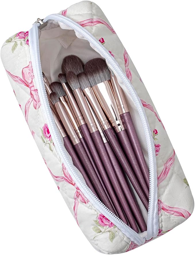 HHQQWZ Cute Floral Cotton Makeup Brush Cosmetic Bag for Women, Travel Quilted Zipper Make Up Bag, Flowers Toiletry Organizer Case Kawaii Makeup Cosmetic Travel Cloth Pouch (Pink Bowknot)