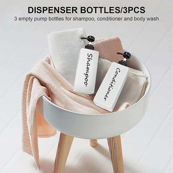 Shampoo and Conditioner Dispenser (Set of 3, 21oz) Modern Refillable Shampoo Pump Bottles for Shower Soap - Empty Body Wash Dispenser Set for Bathroom