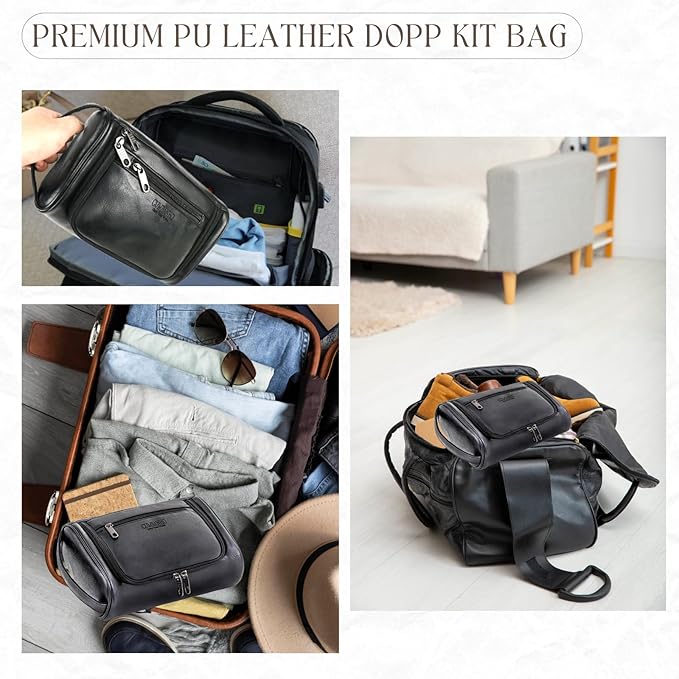 Mens Toiletry Bag, Compact Dopp Kit for Men Travel, PU Leather Shaving Kit, Water-Resistant Minimalist Organizer with Wrist Strap, Fits Grooming Essentials,Large 10x6.5x4 Inch Classic Black
