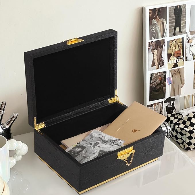 HofferRuffer Elegant Faux Leather Decorative Box, Storage Jewelry Box Organizer, Large Dresser Cosmetic Organizer Holder, Classic Jewelry Accessory Organizer, 11x8x4.8 inches (Black)
