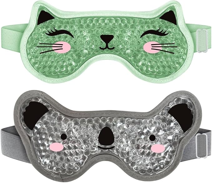 CONBELLA Kids Ice Packs 2 Packs Cooling Eye Mask with Soft Plush Backing for Children Boo Boos Sinus Headache Fever Patch for Kids (Green+Grey)
