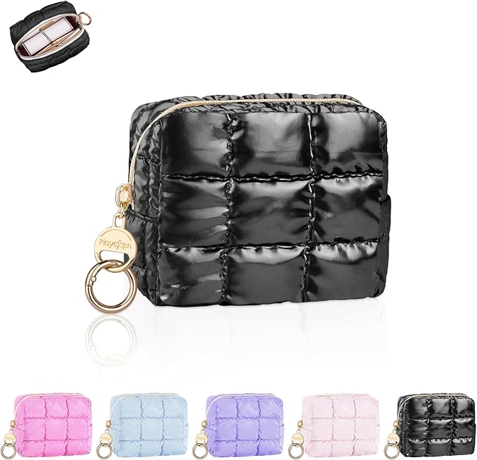 Playexen Puffy Mini Makeup Bag, Cute Quilted Small Cosmetic Bag for Purse, Portable Travel Makeup Pouch for Lipsticks, Chapsticks, Earphone, Credit Card, Birthday/Wedding/Christmas Gifts (Black)