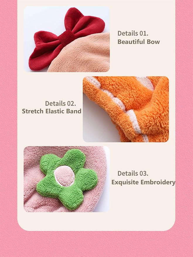 Hair Drying Towel for Kids Girls, Cute Cartoon Absorbent Quick Drying Bath Wrap Set for Bathing, Swimming Pool, Soft Microfiber Cap for Curly Long & Wet Hair, Pink Flower