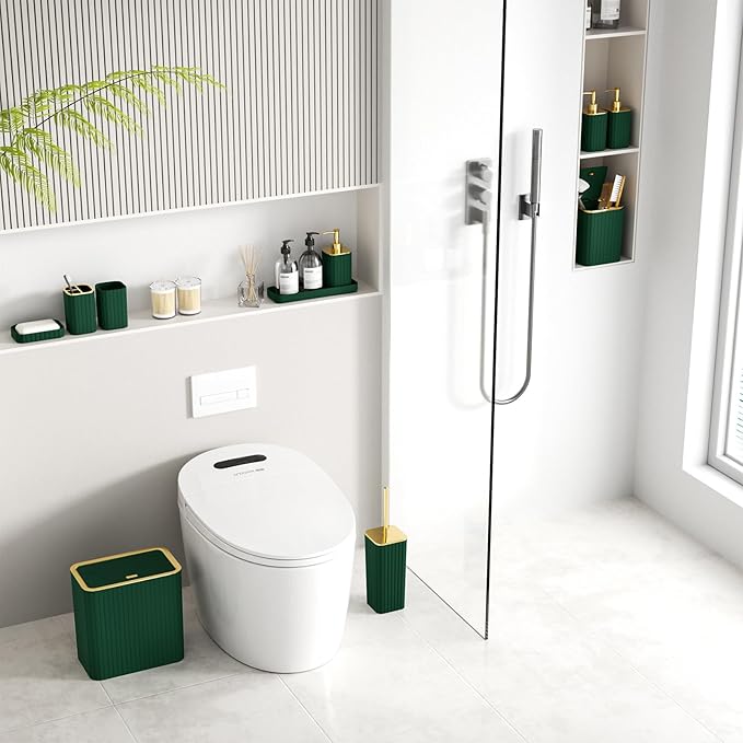 InnJoey Bathroom Accessory Set - Bathroom Set, 12PC Bathroom Accessories Set, Dark Green Bathroom Accessories Set, Mini Trash Can, Toilet Brush, Trash Can & Soap Dispenser