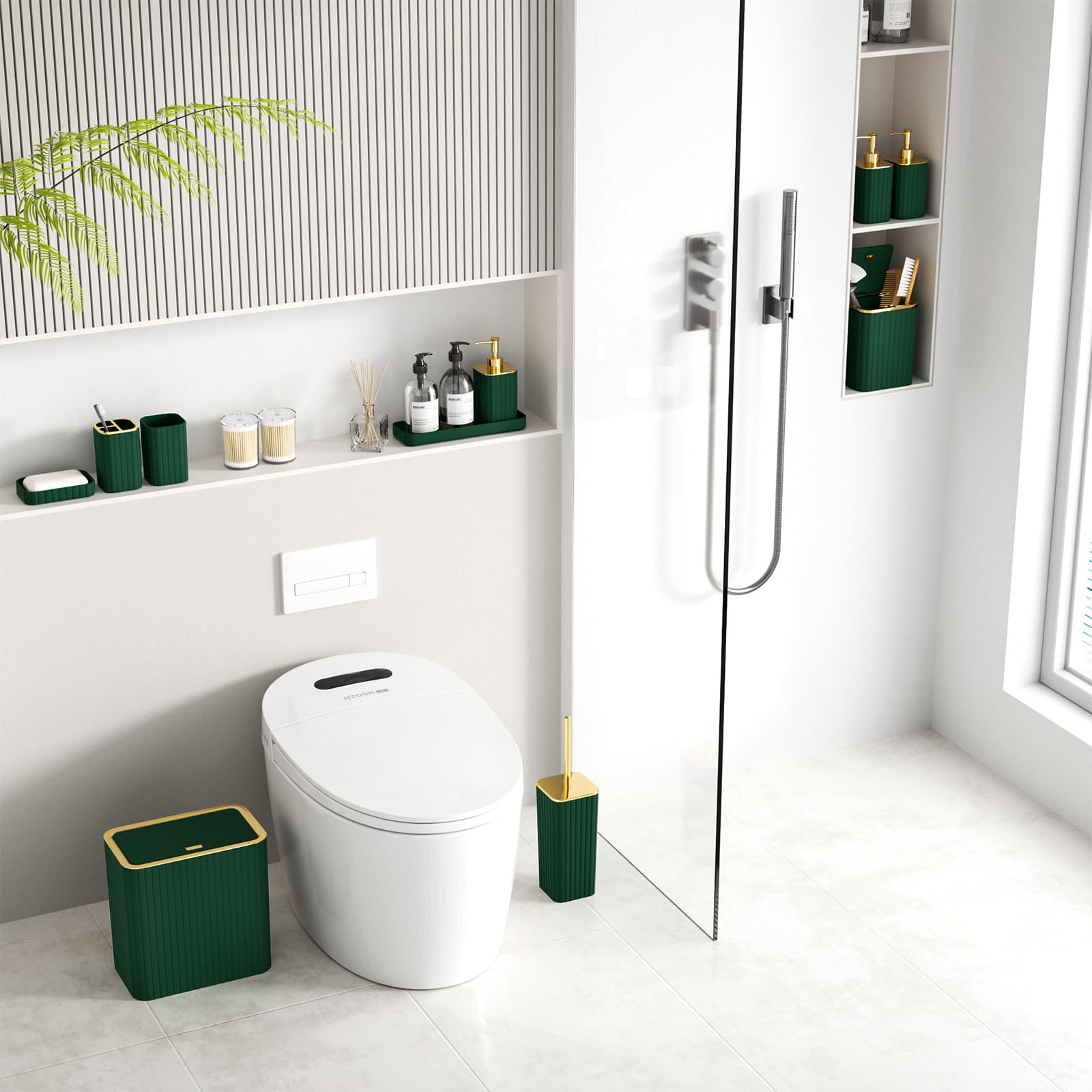 InnJoey Bathroom Accessory Set - Bathroom Set, 12PC Bathroom Accessories Set, Dark Green Bathroom Accessories Set, Mini Trash Can, Toilet Brush, Trash Can & Soap Dispenser