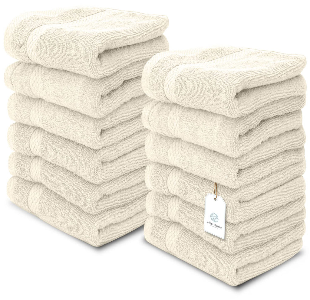 White Classic Luxury Cotton Washcloths 13x13 Inch - 650 GSM Turkish Cotton | Hotel, Spa, Bathroom Face Towel | 12 Pack, Ivory