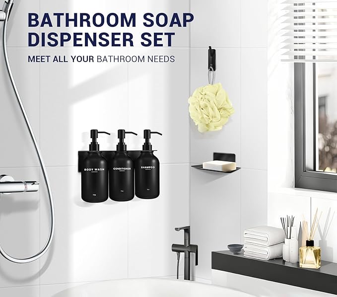 KLL Shampoo and Conditioner Dispenser Set - Shower Soap Dispenser Wall Mounted - Drill Free 16.9 fl oz Set of 3 Plastic Pump Bottles and Soap Holder - Shampoo Dispenser, Shower Dispenser - Black