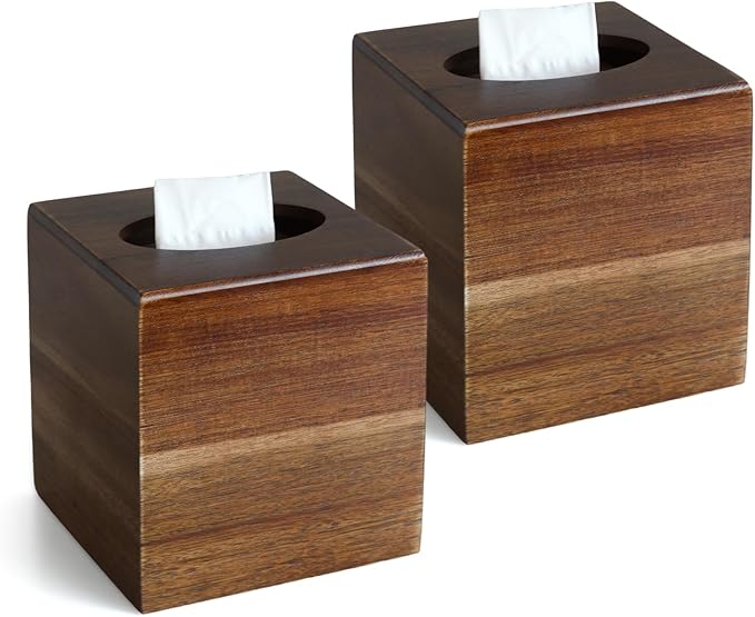 KALEKAIL 2 Pack Wood Tissue Box Cover， Acacia Wood Tissue Box Cover Square, Decorative Cube Facial Wooden Tissue Box Holder with Slide-Out Bottom for Bathroom, Bedroom, Dinner Table, Office, Kitchen