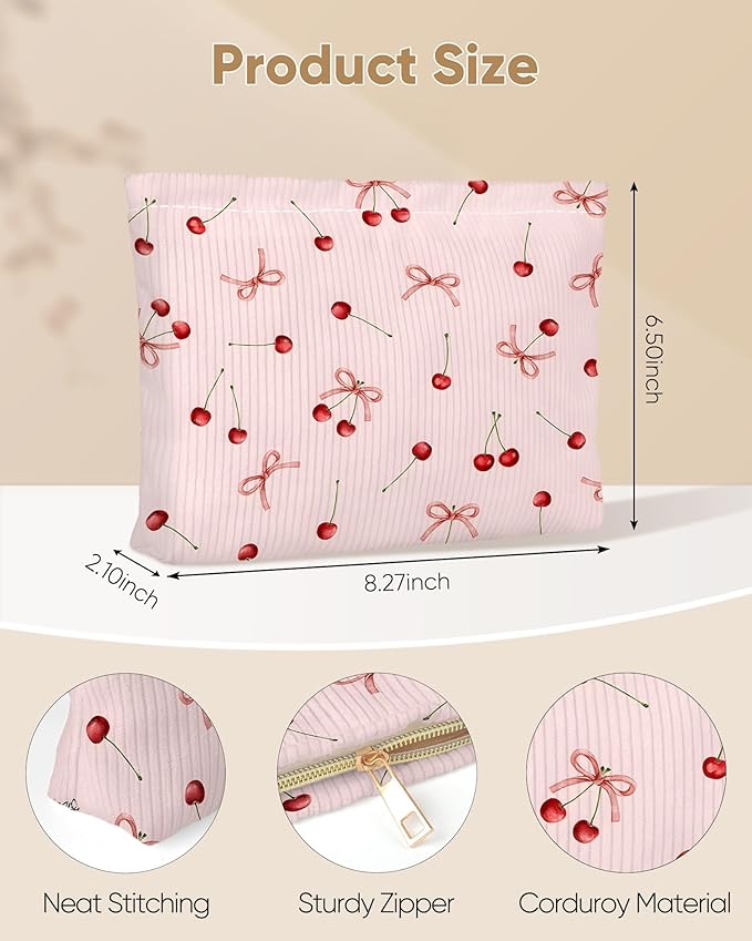 Ksriylm Cute Bow Cherries Makeup Pouch for Women Small Make Up Bag for Purse Zipper Initial Makeup Cosmetic Bags Pouches for Purse Aesthetic Travel Toiletry Bags,Red Pink Cherry