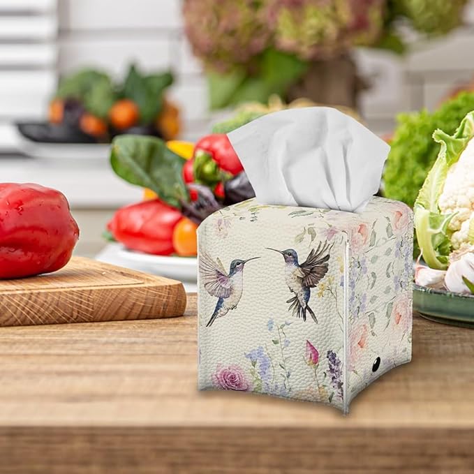 Bird Flowers Minimalist Tissue Box Holder, Square PU Leather Napkin Organizer with Secure Metal Button, Waterproof and Stain-Resistant Tissue Cover for Home, Kitchen, and Automotive Use