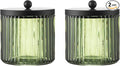 KMwares 2-Pack Glass Qtip Holder Dispenser Set for Cotton Ball, Swab, Round Pads, Floss Picks - Bathroom Canister Storage Organization and Vanity Makeup Organizer(Olive Green)
