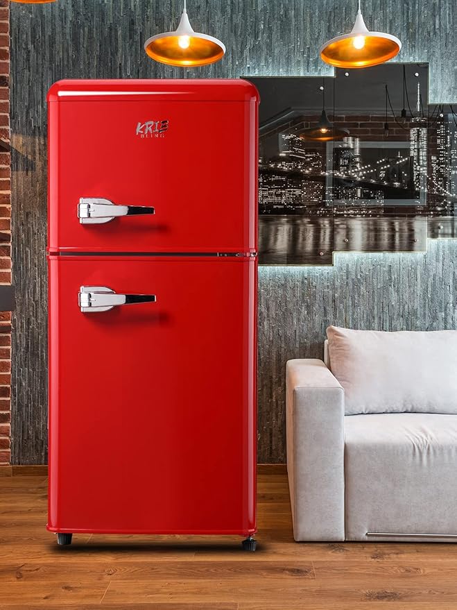 KRIB BLING Mini Fridge With Freezer,Refrigerator With 2 Doors,7- Level Adjustable Thermostat, Removable Glass Shelves For Bedroom, Office, Kitchen, Apartment, Dorm, 3.5 Cu. Ft Red